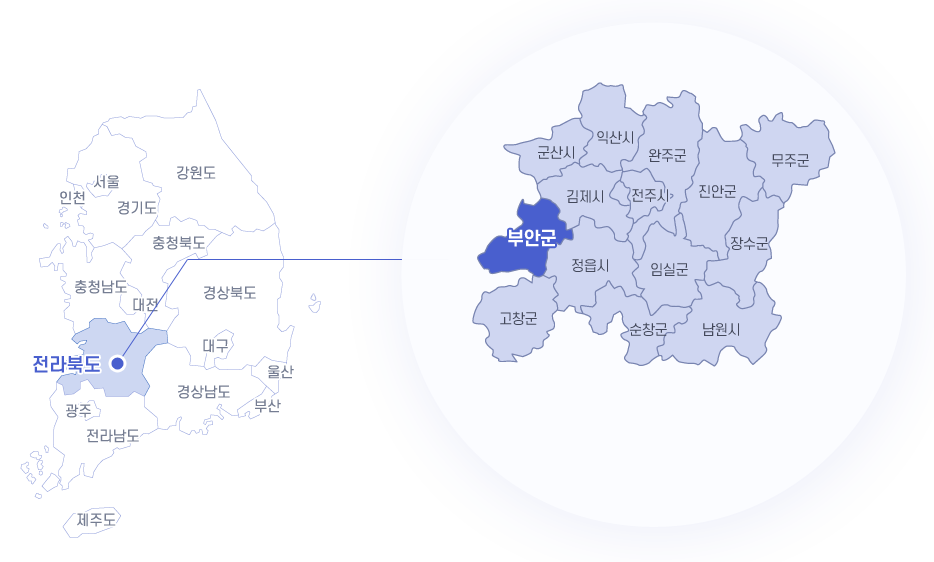  대한민국에서 부안군의 위치도로 전라북도 내 위치하며 자세한 내용은 본문에 있음