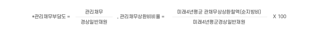 관리채무부담도 = (관리채무/경상일반재원), 관리채무상환비비율=(미래4년평균 관채무상상환할액(순지방비)/미래4년평군경상일반재원)X100