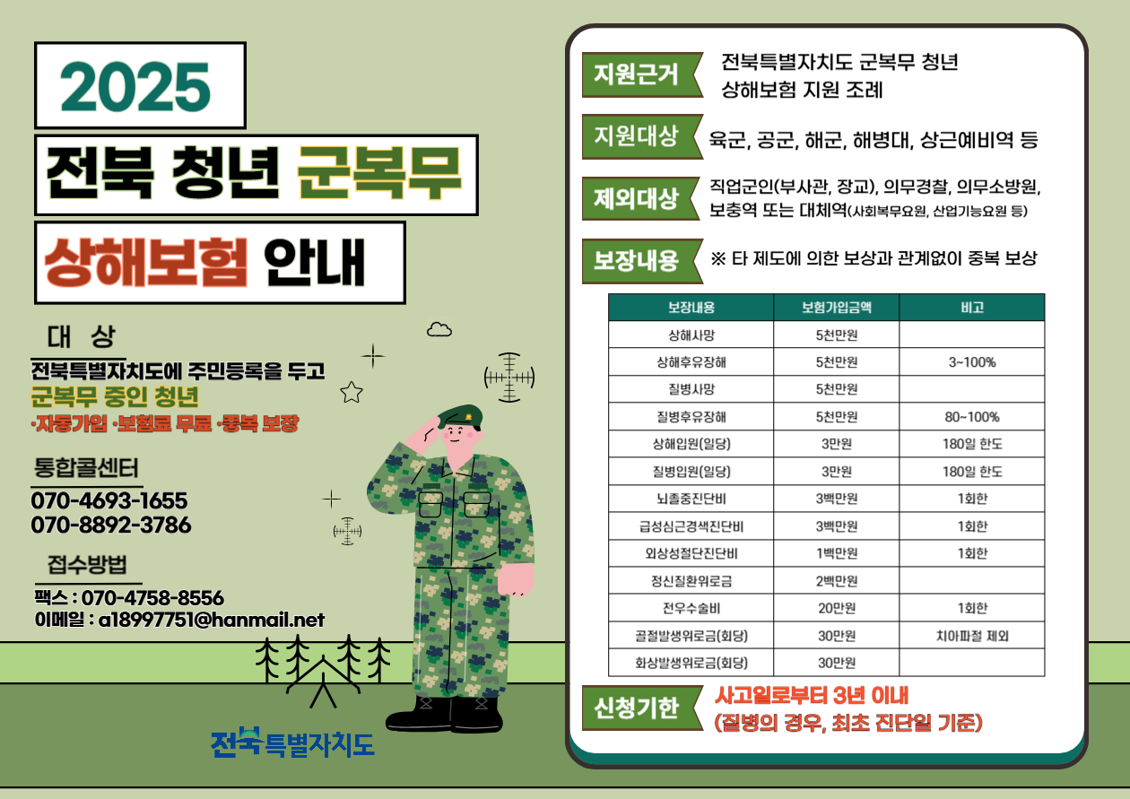 2025년 전북 청년 군복무 상해보험 지원사업 안내 1번째 이미지