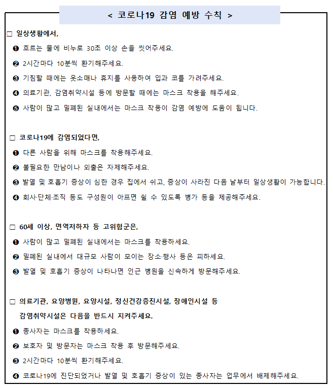 코로나19 감염 예방 수칙 안내(2024.8.20.) 1번째 이미지