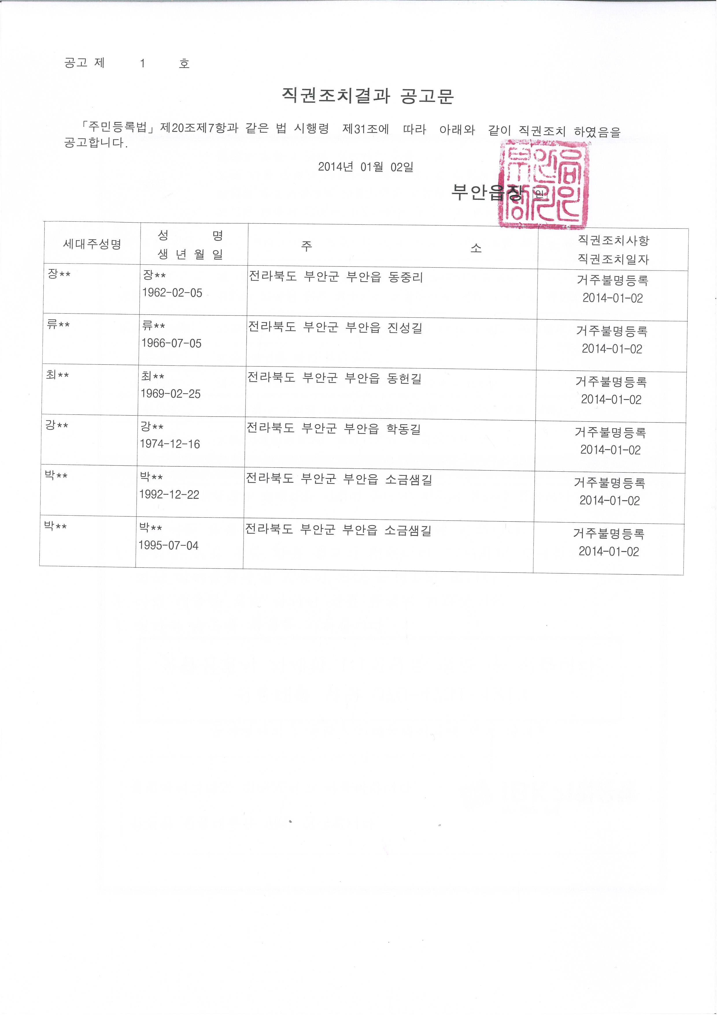 행정상 관리주소 이전대상자 직권조치 결과 공고 1번째 이미지