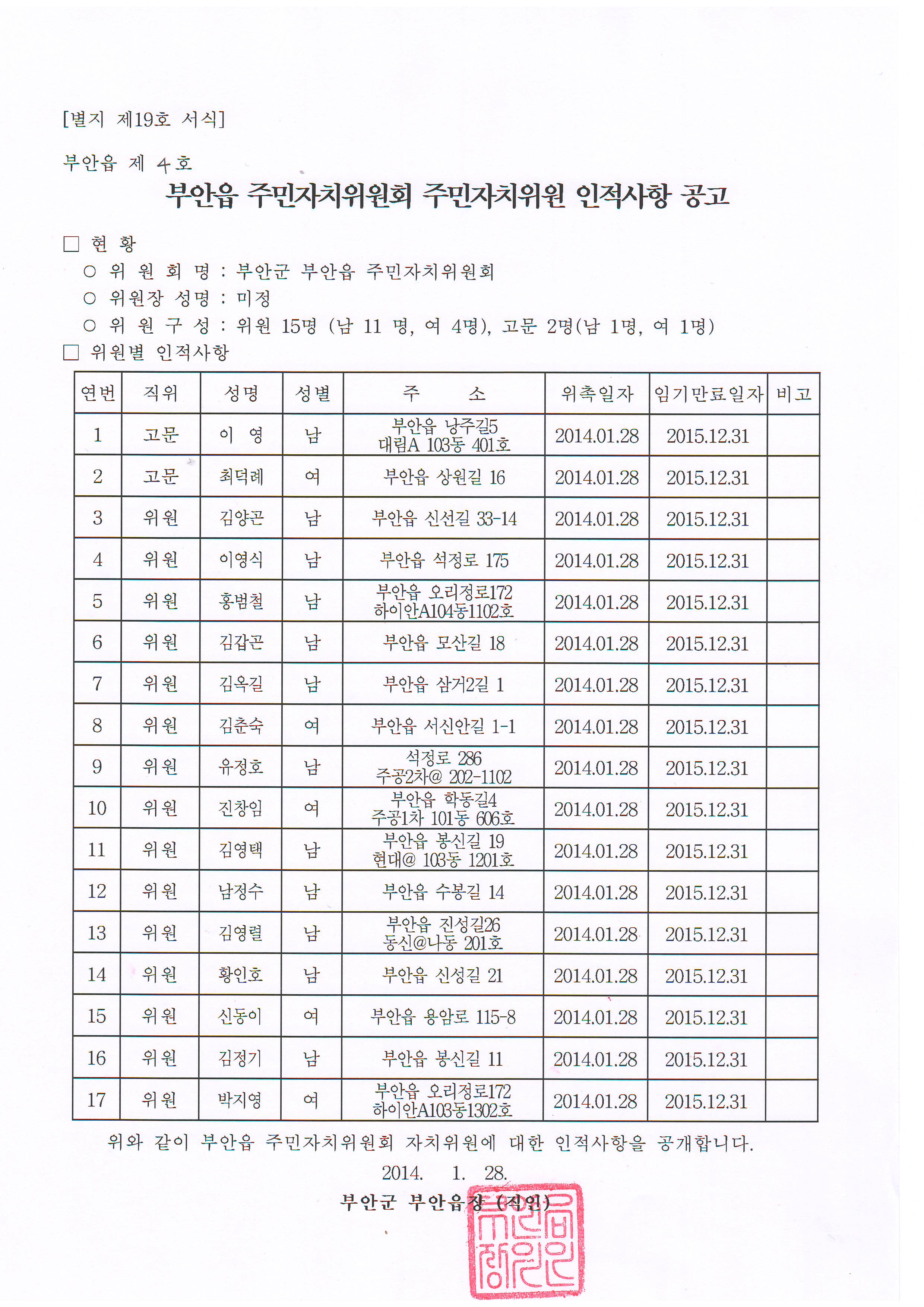 제5기 부안읍 주민자치위원회 위원 인적사항 공고 1번째 이미지