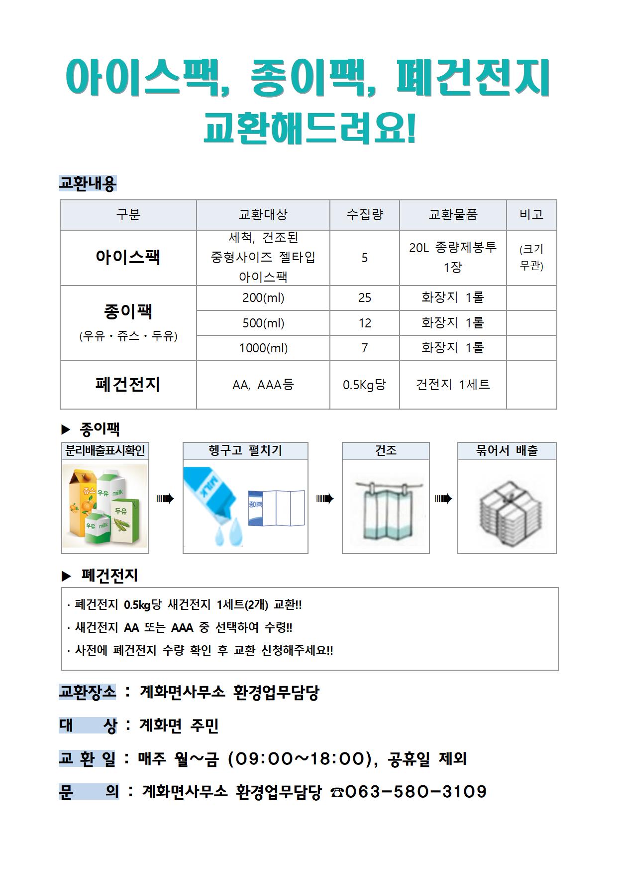 아이스팩, 재활용품(종이팩, 폐건전지) 교환사업 알림 및 홍보 1번째 이미지
