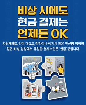비상 시에도 현금결제는 언제든 OK 비상 시에도 현금결제는 언제든 OK
자연재해로 인한 대규모 정전이나 예기치 않은 전산망 마비와 같은 상황에서 유일한 결제수단은 '현금'뿐입니다.