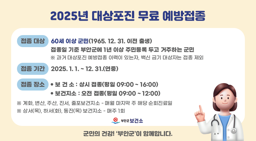 2025년 대상포진 무료 예방접종 2025년 대상포진 무료 예방접종

접종대상 : 60세 이상 군민(1965. 12. 31. 이전 출생)
접종일 기준 부안군에 1년 이상 주민등록 두고 거주하는 군민
※ 과거 대상포진 예방접종 이력이 있는자, 백신 금기 대상자는 접종 제외
접종기간 : 2025. 1. 1. ~ 12. 31.(연중)
접종장소 
보건소 : 상시 접종(평일 09:00~16:00)
보건지소 : 오전 접종(평일 09:00~12:00)
※ 계화, 변산, 주산, 진서, 줄포보건지소 - 매월 마지막 주 해당 순회진료일
※ 상서(목), 하서(화), 동진(목) 보건지소 - 매주 1회

군민의 건강! '부안군'이 함께합니다.