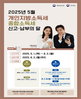 2025년 5월 개인지방소득세 종합소득세 신고·납부의 달 2025년 5월 개인지방소득세 종합소득세 신고·납부의 달

신고기간 : 2025. 5. 1.(목) ~ 6. 2.(월)
납부기한 : 2025. 6. 2.(월)까지
신고방법
- 전자신고
PC : 홈택스 신고 → 위택스 연계신고
모바일 : 손택스 신고 → 위택스 연계신고
- 방문신고
대상 : 신고도움이 필요한 모두채움 대상자 ※ 납세자 본인 신분증 지참
기간 : 25 .5. 26.(월) ~ 5. 30.(금) 10:00~17:00
장소 : 부안군 상생협력센터 1층. 국세·지방세 통합민원실(부안읍 동중2길 15)

부안군청 개인지방소득세 담당 063-580-4283
개인지방소득제 전담 콜센터 1661-6669