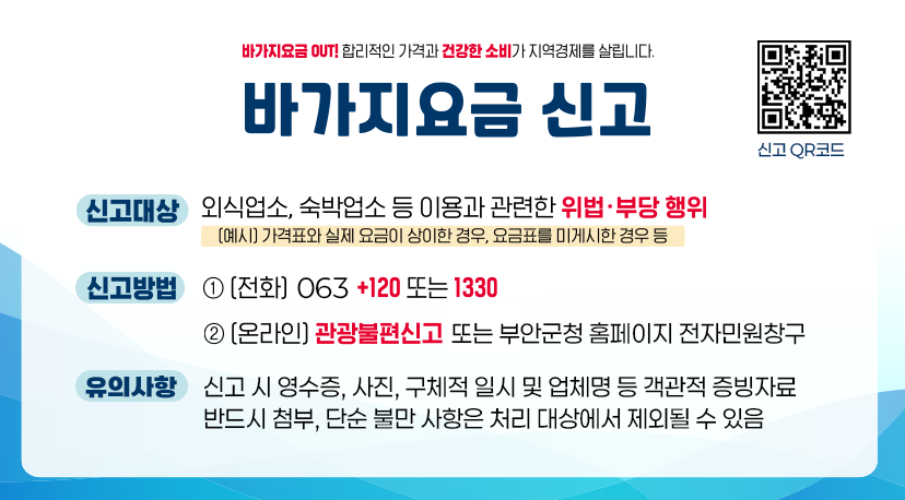 바가지요금 신고 바가지요금 OUT! 합리적인 가격과 건강한 소비가 지역경제를 살립니다.
바가지요금 신고
신고대상 : 외식업소, 숙박업소 등 이용과 관련한 위법·부당 행위
(예시) 가격표와 실제 요금이 상이한 경우, 요금표를 미게시한 경우 등
신고방법 : ① (전화) 063 +120 또는 1330
② (온라인) 관광불편신고 또는 부안군청 홈페이지 전자민원창구
유의사항 : 신고 시 영수증, 사진, 구체적 일시 및 업체명 등 객관적 증빙자료 반드시 첨부, 단순 불만 사항은 처리 대상에서 제외될 수 있음