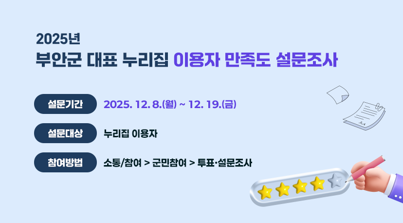 2025년 부안군 대표 누리집 이용자 만족도 설문조사 2025년 부안군 대표 누리집 이용자 만족도 설문조사
설문기간 : 2025. 12. 8.(월) ~ 12. 19.(금)
설문대상 : 누리집 이용자
참여방법 : 소통/참여 > 군민참여 > 투표·설문조사