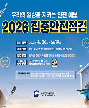 2026 집중안전점검 우리의 일상을 지키는 안전 예보
2026 집중안전점검
점검기간
2026년 4월 20일 ~ 6월 19일
점검대상
재난 및 사고 발생 우려가 있는 시설 약 25,000개
점검방법
정부와 전문가가 전문 장비를 동원하여 합동 현장점검
주민점검신청제 신청방법
안전신문고 앱 또는 행정복지센터 방문 신청
주민점검신청제란?
생활 주변에 숨어있는 위험시설(어린이놀이시설, 전통시장 등)을 주민이 직접 찾아 점검을 신청하면 정부와 전문가가 점검 후 결과를 안내
행정안전부