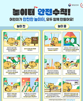 놀이터 안전수칙 행정안전부
놀이터 안전수칙!
어린이가 만전한 놀이터, 모두 함께 만들어요!
놀이 전
영유아가 놀이터를 이용할 경우 보호자가 항상 함께해요!
놀이기구별 이용 연령을 확인해요!
놀이기구 이용 전 주의 사항과 사용 방법에 대해 알려줘요!
놀이터 내에 다칠 수 있는 위험한 물건이 없는지 확인해요! (유리조각, 나뭇가지 등)
활동하기 편한 옷을 착용하고 소지품은 보호자가 보존해요!
한여름 또는 눈이 올 때는 놀이기구가 뜨겁거나 미끄럽지 않은지 확인해요!

놀이 중
놀이기구는 한 사람씩 차례대로 이용해요!
보호자는 어린이가 놀이기구 이용 중 장난이나 위험한 행동을 하지 않는지 살펴봐요!
다른 아이가 이용 중인 그네에 부딪히지 않도록 울타리 밖에서 기다려요!
놀이터에서 다친 사람이 발생하면 즉시 도움을 요청해요!
놀이터 내 위험요소를 발견하면 관리자에게 연락하거나 안전신문고를 통해 신고해요!
행정안전부 어린이 놀이시설 안전관리시스템을 통해 주변 놀이시설 안전정보를 확인해요!
*어린이 놀이시설 안전관리시스템: www.cpf.go.kr