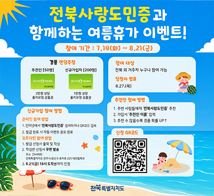 전북사랑도민증 이벤트 전북사랑도민증과 함께하는 여름휴가 이벤트!
참여 기간 : 7.14(화) ~ 8.21(금)
경품 랜덤추첨
추천인 [50명]
신규가입자 [200명]
OLIVE YOUNG
20,000원
OLIVE YOUNG
10,000원
2만원 상당 올리브영 상품권
1만원 상당 올리브영 상품권
참여 대상
전북 외 거주자 누구나 참여 가능
당첨자 발표
8.27.(목)
신규가입 참여 방법
온라인 참여 방법
1. 인터넷에서 '전북사랑도민증' 검색하거나 QR코드 접속
2. 발급 완료 시 자동 이벤트 응모 완료
오프라인 참여 방법
1. 발급 신청서 출력 및 작성
2. 작성한 신청서 우편 발송
주소: [54968]
전북특별자치도 전주시 완산구 효자로 225 대외협력과
3.8.21(금) 18시 도착분까지 인정
추천인 참여 방법
1. 주변 사람들에게 '전북사랑도민증' 추천
2. 가입시 '추천인 이름' 입력
3. 추천 수 많을수록 경품 확률 UP ↑
신청 QR코드
전북특별자치도