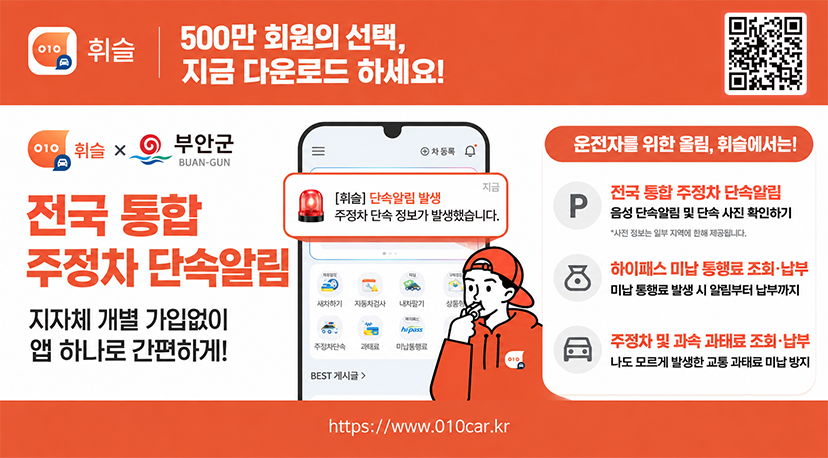 통합 주정차 단속 사전알림서비스 휘슬 휘슬500만 회원의 선택, 지금 다운로드 하세요!
차등록휘슬×부안군BUAN-GUN
전국 통합 주정차 단속알림
지자체 개별 가입없이 앱 하나로 간편하게!
[휘슬] 단속알림 발생
주정차 단속 정보가 발생했습니다.
세차하기
자동차검사
내차기
BEST 게시글 >
운전자를 위한 올림, 휘슬에서는!
지금
전국 통합 주정차 단속알림
음성 단속알림 및 단속 사진 확인하기
*사진 정보는 일부 지역에 한해 제공됩니다.
하이패스 미납통행료 조회·납부
미납통행료 발생 시 알림부터 납부까지
주정차 및 과속 과태료 조회·납부
나도 모르게 발생한 교통 과태료 미납 방지
https://www.010car.kr